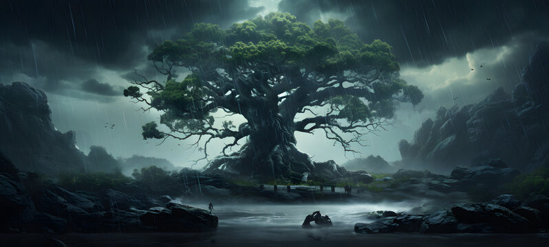 a Bomboo Tree and a monster in rain Storm