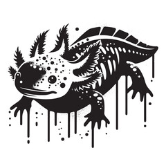 Naklejka premium Monochrome stylized axolotl illustration with dripping paint eff