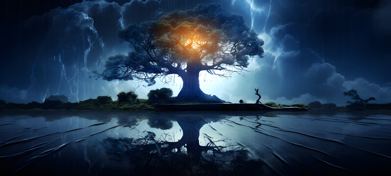 a Bomboo Tree and a monster in rain Storm