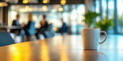 Modern Office Coffee Break White Mug on Wooden Table Blurred Background Hot Desk Calm Drink Relax   