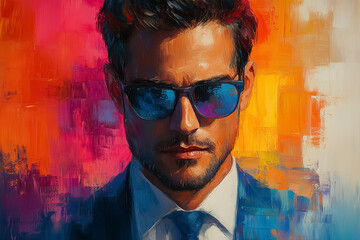 Fototapeta premium A striking representation of leadership showcases a CEO, dressed in a suit, exuding confidence against a backdrop of vivid, expressive colors. The artistry amplifies their ambition and presence