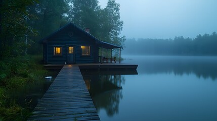 Obraz premium Tranquil cabin retreat by misty lake nature photography serene dusk peaceful escape