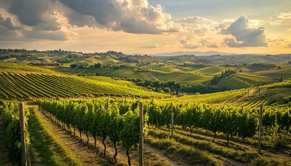 A sunlit panoramic landscape of rolling hills and vineyards