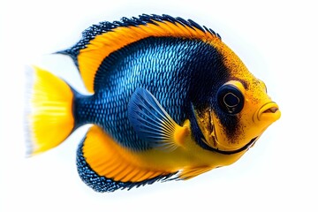 Naklejka premium Tropical fish. Marine life illustration: The image presents a vibrant depiction of a tropical fish with a spectrum of colors, from the golden-yellow hue to the striking blue and black accents.