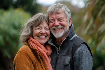 Fototapeta premium a heartwarming portrait of a senior couple, smiling brightly at the camera and embracing each other