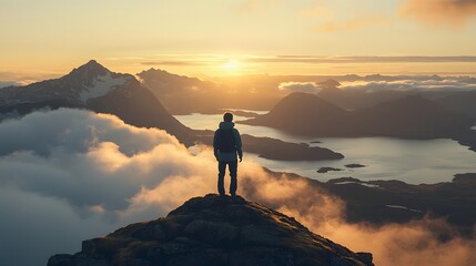 Obraz premium Adventurous solo hiker at sunrise mountain peak scenic nature landscape serene environment inspirational viewpoint