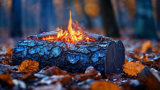 Burning Log in Autumn Forest