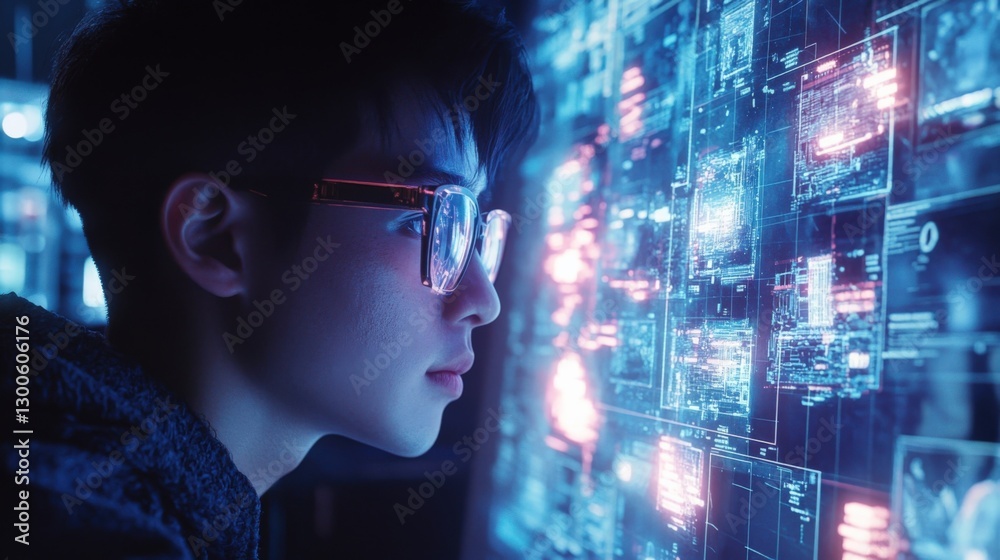 Poster young programmer wearing glasses is concentrating on lines of code displayed on a futuristic transpa