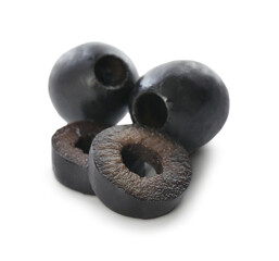 Delicious marinated black olives isolated on white