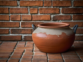 Rustic Pottery and Brick: An antique, handcrafted terracotta pot with decorative handles sits against a textured brick wall, a testament to the beauty of rustic design and old-world craftsmanship.