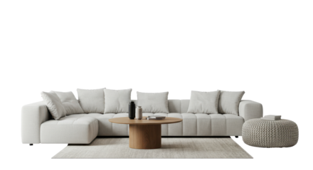 Modern minimalist living room interior with white sectional sofa, round coffee table, and decor isolated cutout.