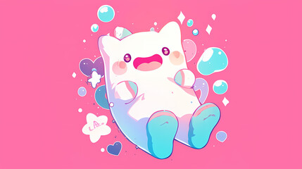 Cute cartoon character with a joyful expression surrounded by colorful bubbles and stars on a pink background