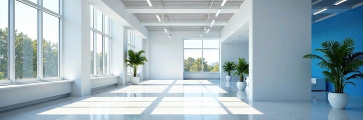 Fototapeta premium Open Space Interior with White and Blue Accents, white office space, industrial chic