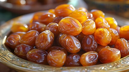 Close Up of Shiny Golden Brown Dates on a Decorative Plate

