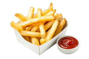 Golden French Fries in White Carton with Red Sauce on Transparent Background