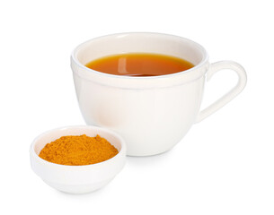 Aromatic turmeric tea in cup and powder isolated on white