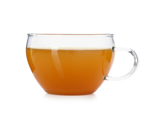 Aromatic turmeric tea in glass cup isolated on white