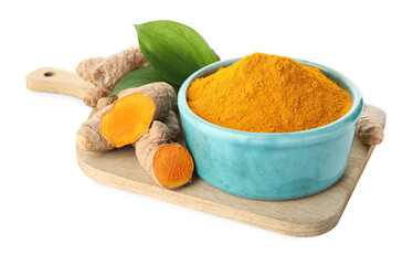 Turmeric powder in bowl, roots and green leaves isolated on white