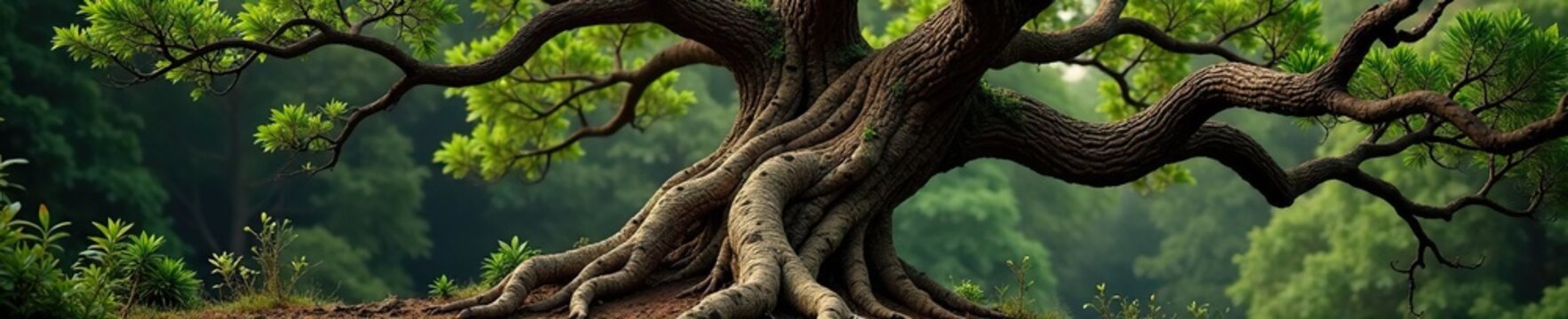 Ancient tree with gnarled branches and twisted trunk, wooden tree, gnarled tree, tree shape