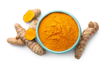 Turmeric powder in bowl and roots isolated on white, top view