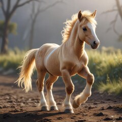 Obraz premium Rare foal taking its first steps as a unicorn with soft golden mane and flowing tail, foal, newborn, growth