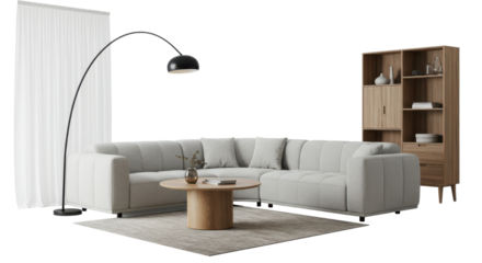 Interior with large sectional sofa ,wooden table ,lamp and shelve on carpet isolated .