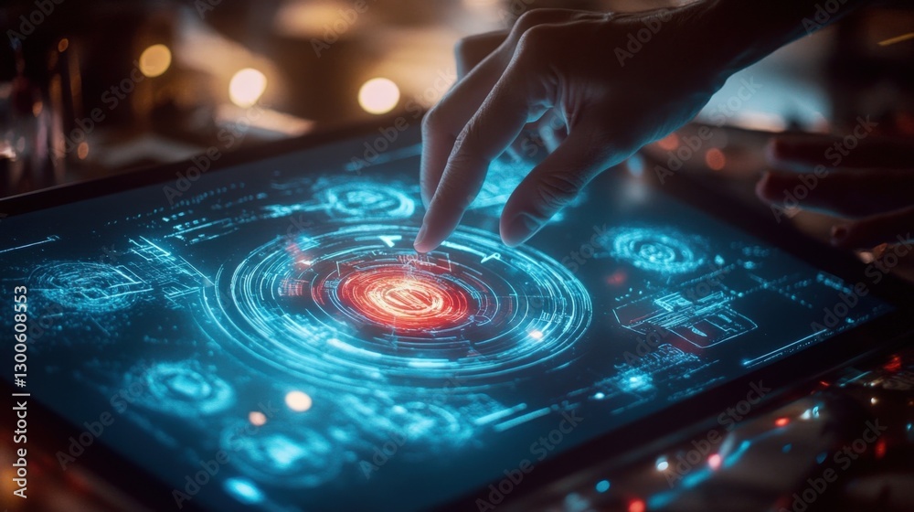 Poster close up of a hand interacting with a futuristic holographic interface on a transparent display, act