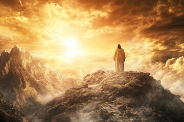 a powerful depiction of jesus on the mount foretelling the end times with a dramatic landscape and an aura of authority conveying deep spiritual truths