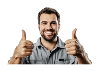 Positive attitude expressed by man giving thumbs up with a bright smile in a cheerful setting during the daytime, cut out