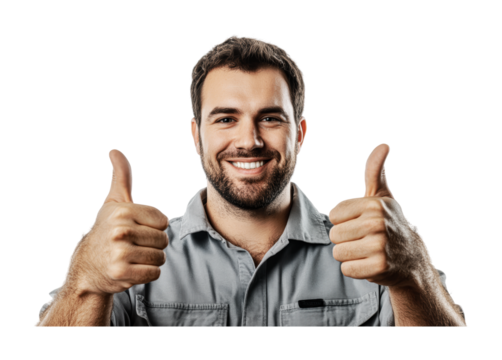 Positive attitude expressed by man giving thumbs up with a bright smile in a cheerful setting during the daytime, cut out
