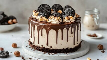 Modern chocolate cake with spices, vanilla ice cream, and hazelnuts on top, on a gray background. With Oreo cookies