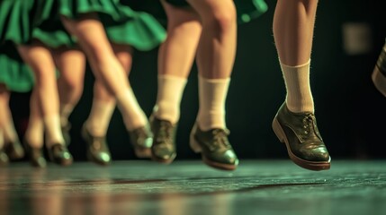 Dancers perform a rhythmic step in green skirts and brown