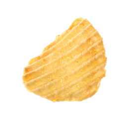 One tasty ridged potato chip in air isolated on white