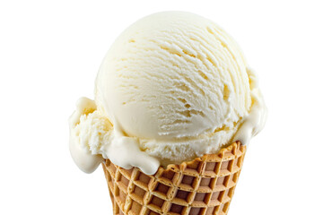 Close-up of single scoop vanilla ice cream on a crispy waffle cone on transparent black background