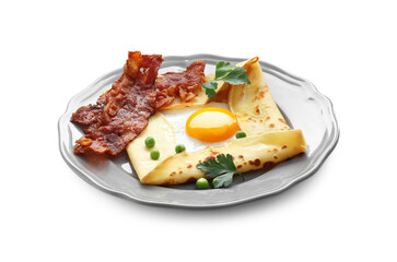 Delicious crepe with egg, bacon and green peas isolated on white. Breton galette