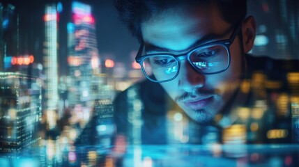 Software engineer wearing glasses works late at night, focusing on a futuristic holographic interface, with city skyline lights reflected in his glasses, embodying innovation and dedication