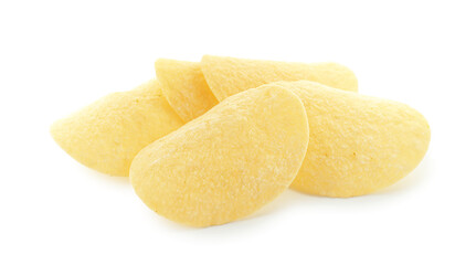 Many tasty potato chips isolated on white