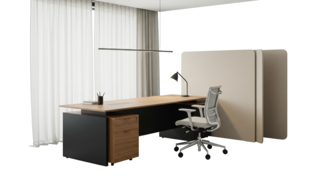 Modern office interior with wooden desk, hanging
curtain, rotating chair isolated with clipping path. - Powered by Adobe