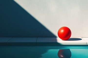 Red ball poolside, sunlit wall, summer relaxation