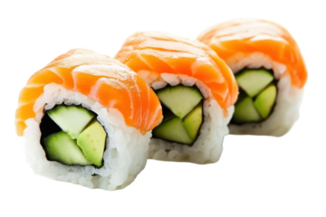 Close up of three sushi rolls with salmon topping avocado and cucumber on black background