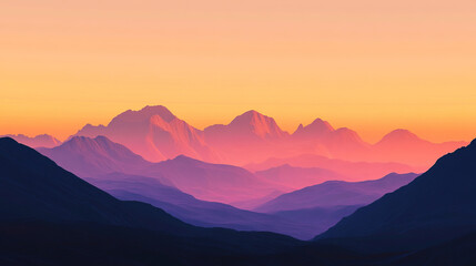 Majestic Mountain Range Silhouetted Against a Warm, Glowing Sunset Sky with Soft Pastel Colors Creating a Dreamy and Inspiring Landscape.
