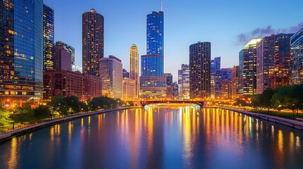 Obraz premium Stunning cityscape skyline at dusk chicago river urban photography city lights scenic view nighttime beauty