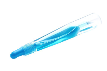 Close up of transparent blue liquid in a small plastic container with nozzle on a transparent background