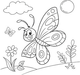 Obraz premium Cute cartoon character bee in the flower garden coloring page for kids