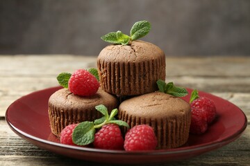 Delicious muffins with raspberries and mint on wooden table against dark background, closeup