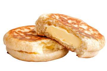 Close up of toasted bread with melting yellow butter revealing soft texture and golden color on transparent background. Delicious breakfast concept