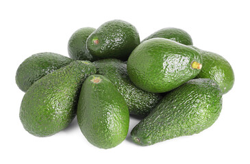 Pile of whole ripe avocados isolated on white