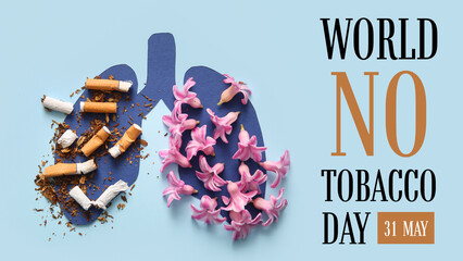 Paper lungs with flowers and cigarette butts on blue background, closeup. Stop smoking concept.