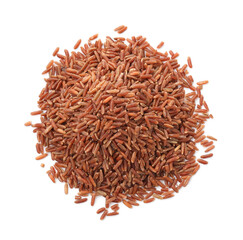 Pile of raw brown rice isolated on white, top view