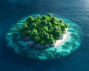 Aerial View of a Secluded Tropical Island Paradise with Turquoise Waters and Lush Vegetation